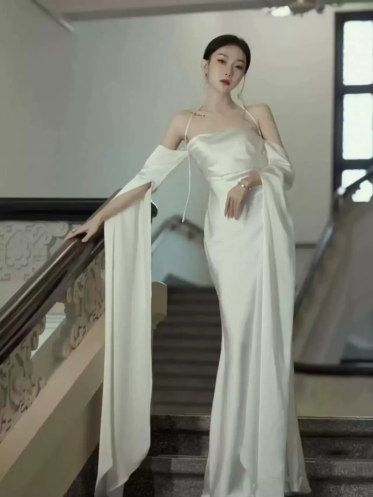 Enchanting Mermaid Off-Shoulder Sleeveless Cape-Accent Satin Ivory Floor-Length Evening Dress for Women