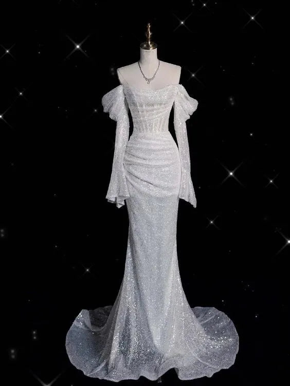 Enchanting Mermaid Off-the-shoulder Ruffled Glitter White Maxi Prom Dress for Women Custom