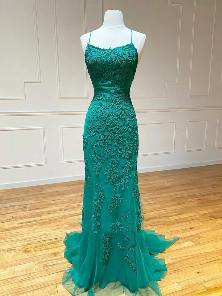 Enchanting Mermaid Spaghetti Appliqued Emerald Train Prom Dress For Sale