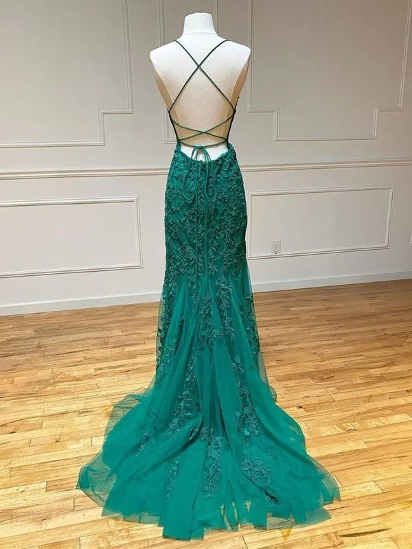 Enchanting Mermaid Spaghetti Appliqued Emerald Train Prom Dress For Sale