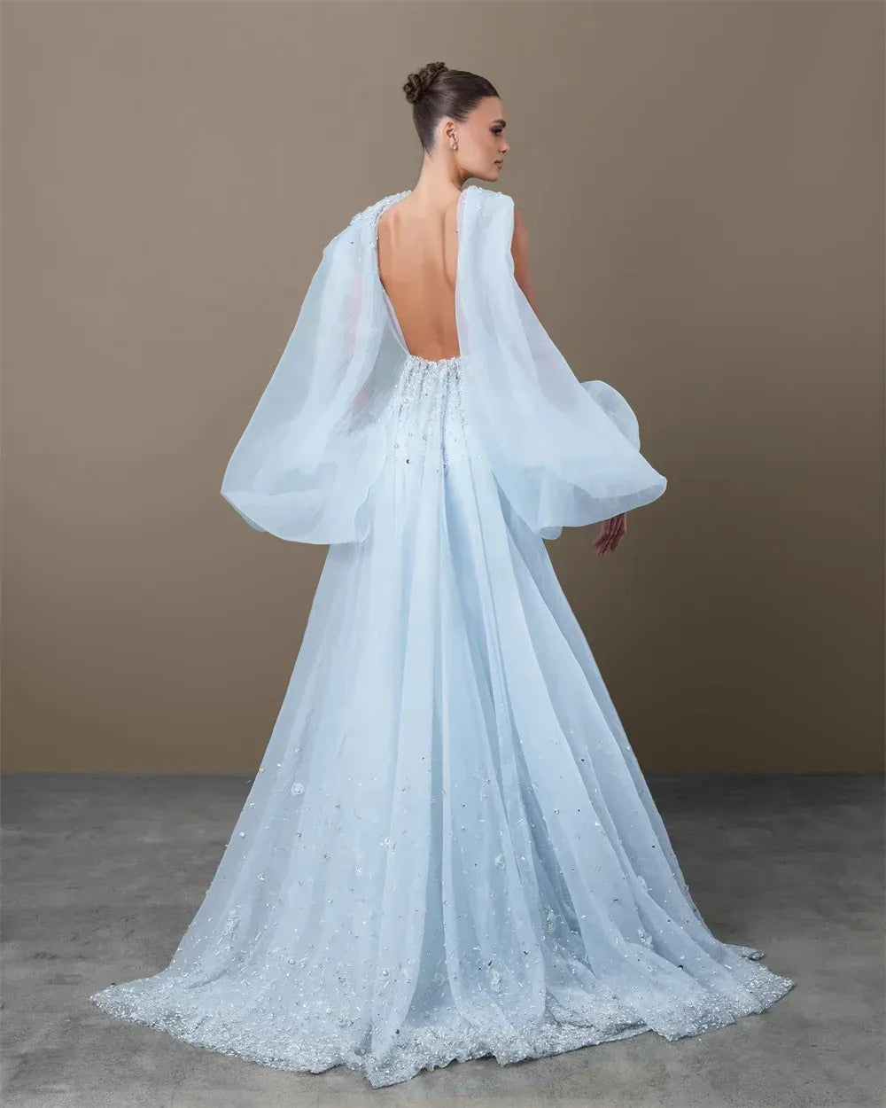 Enchanting Mermaid Spaghetti Strap Cape Sleeve Beaded Light Blue Floor-Length Prom Dress