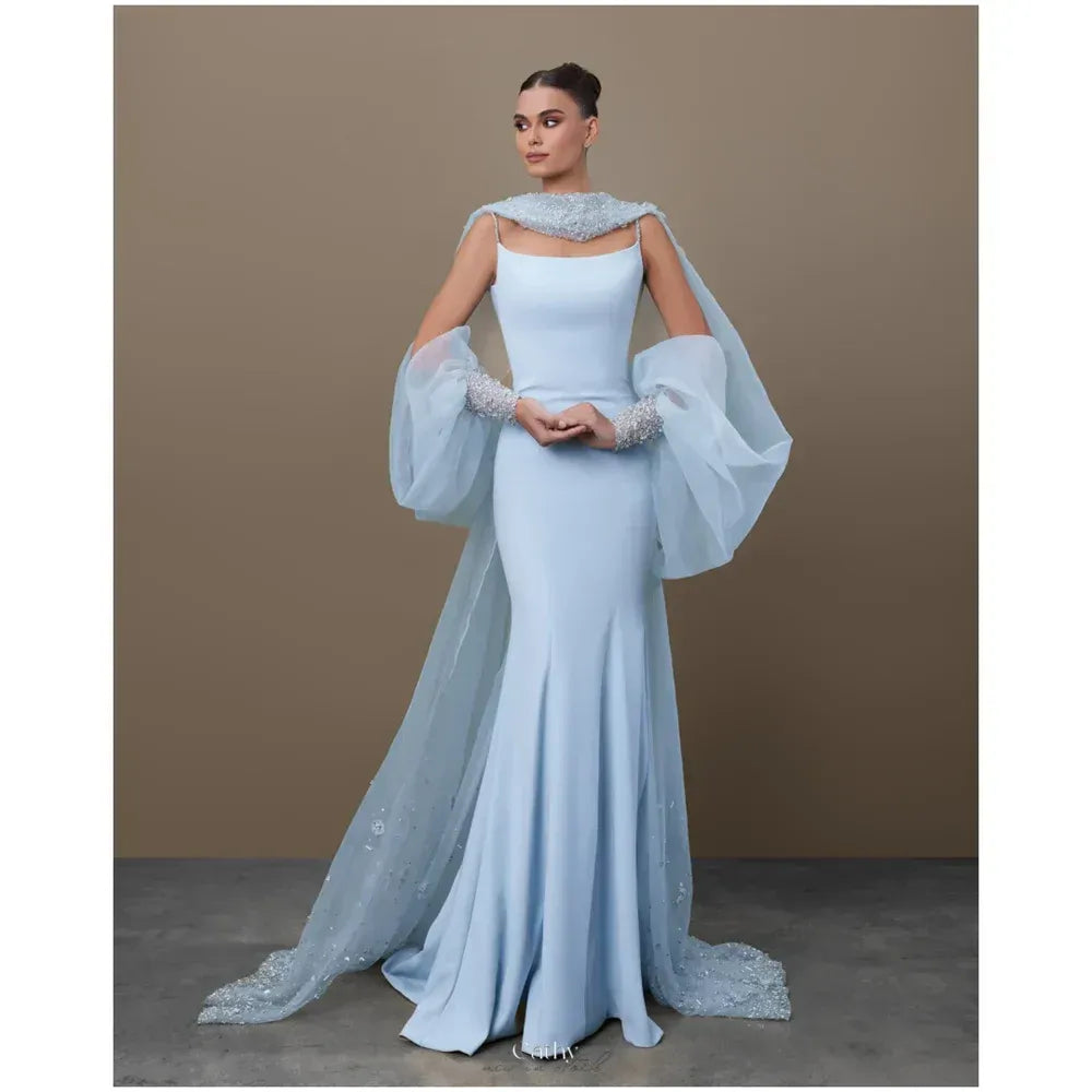 Enchanting Mermaid Spaghetti Strap Cape Sleeve Beaded Light Blue Floor-Length Prom Dress