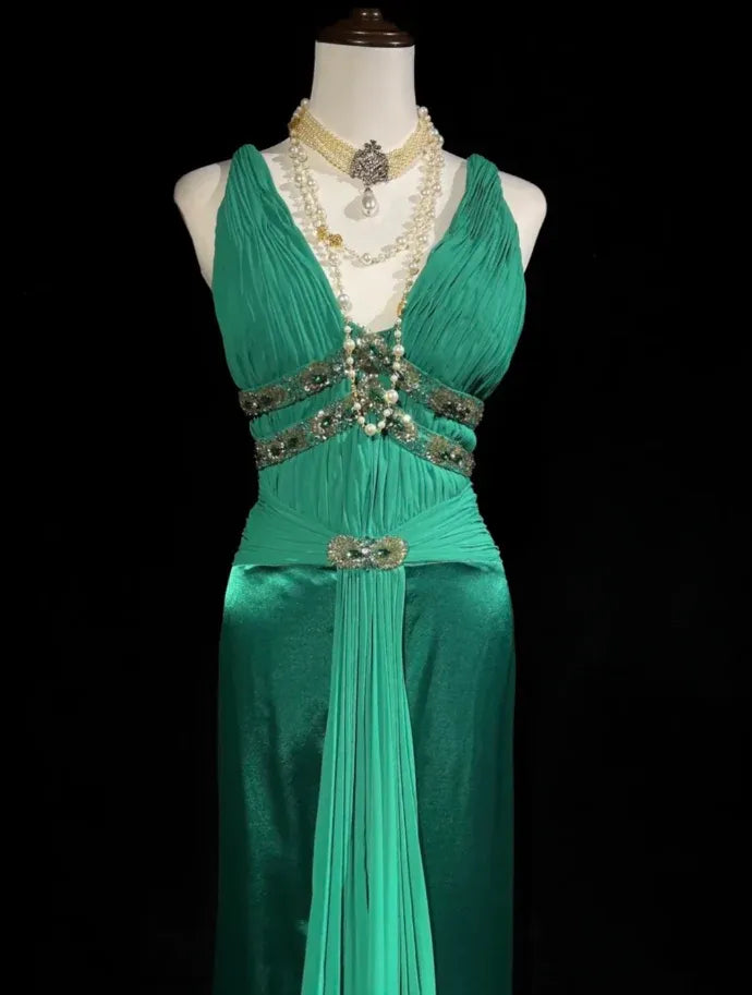 Enchanting Sheath V-Neck Sleeveless Beaded Emerald Maxi Prom Dress for Women Ready to Ship