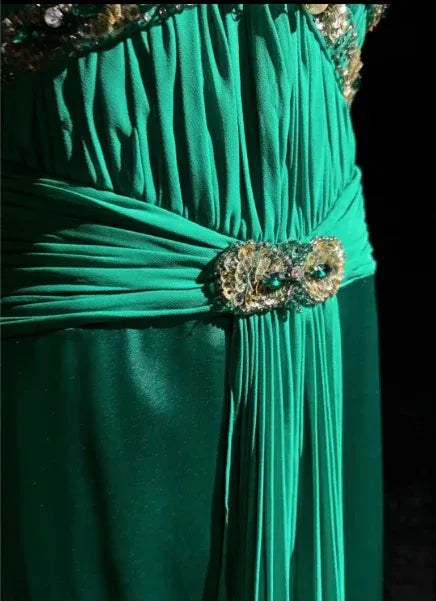 Enchanting Sheath V-Neck Sleeveless Beaded Emerald Maxi Prom Dress for Women Ready to Ship