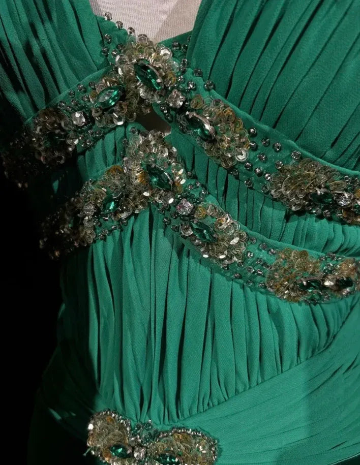 Enchanting Sheath V-Neck Sleeveless Beaded Emerald Maxi Prom Dress for Women Ready to Ship