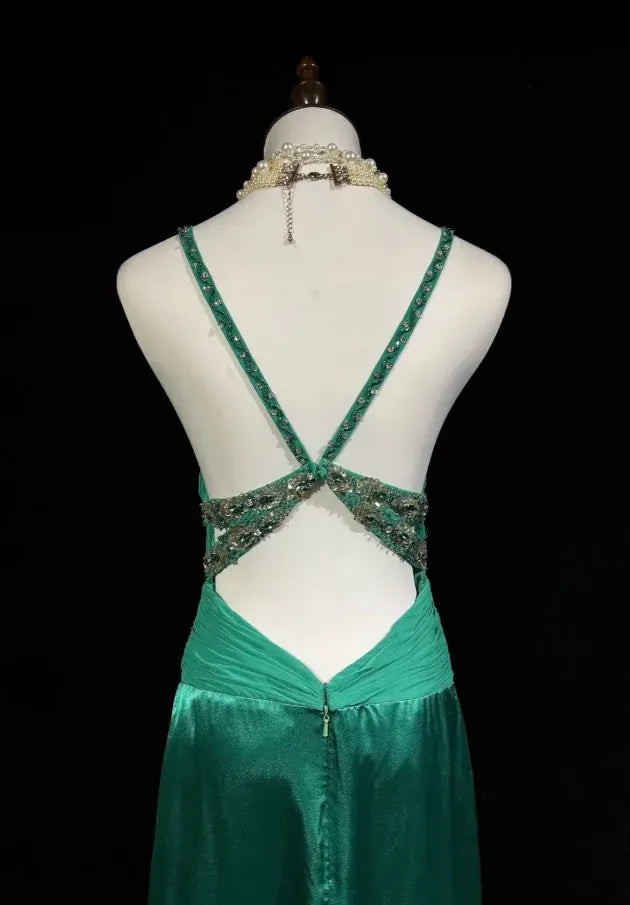 Enchanting Sheath V-Neck Sleeveless Beaded Emerald Maxi Prom Dress for Women Ready to Ship