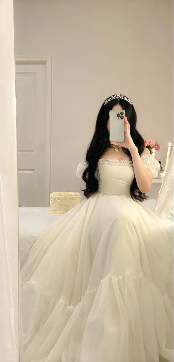 Enchanting Tulle Train Evening Dress Ivory Off-Shoulder Puff-Sleeve for Women