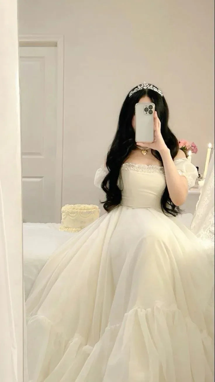 Enchanting Tulle Train Evening Dress Ivory Off-Shoulder Puff-Sleeve for Women