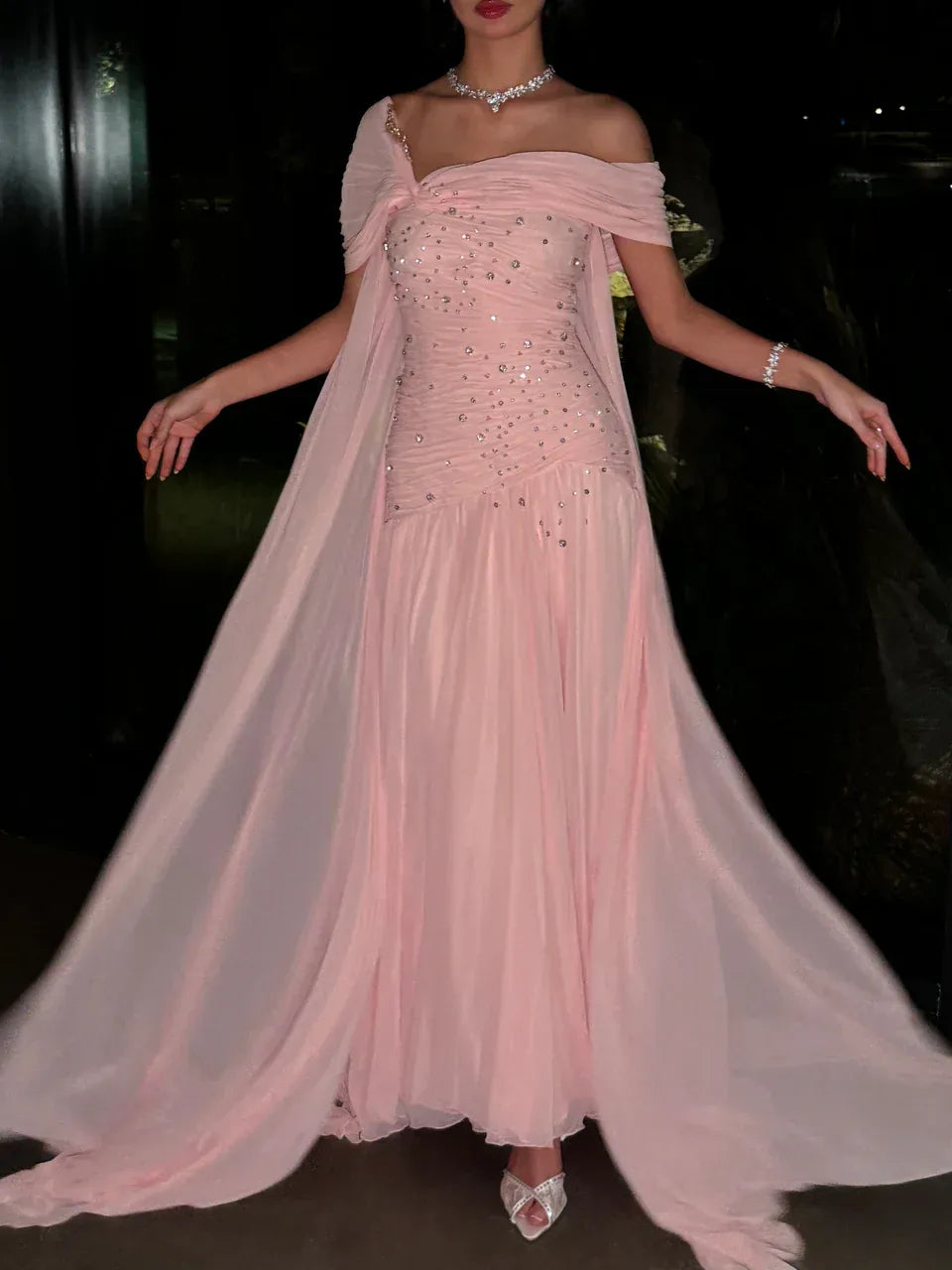 Ethereal A-Line Asymmetric Neck Cape-Sleeve Beaded Blush Pink Maxi Prom Dress for Women Custom