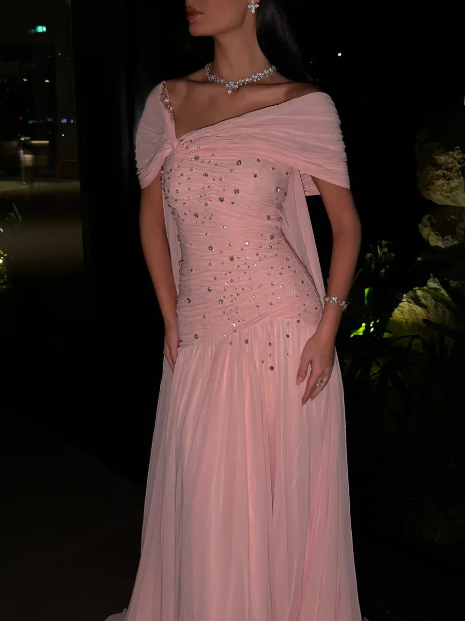Ethereal A-Line Asymmetric Neck Cape-Sleeve Beaded Blush Pink Maxi Prom Dress for Women Custom