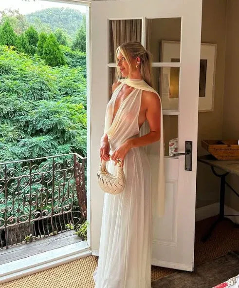 Ethereal A-Line Halter Neck Sleeveless Draped White Maxi Prom Dress for Women Ready to Ship