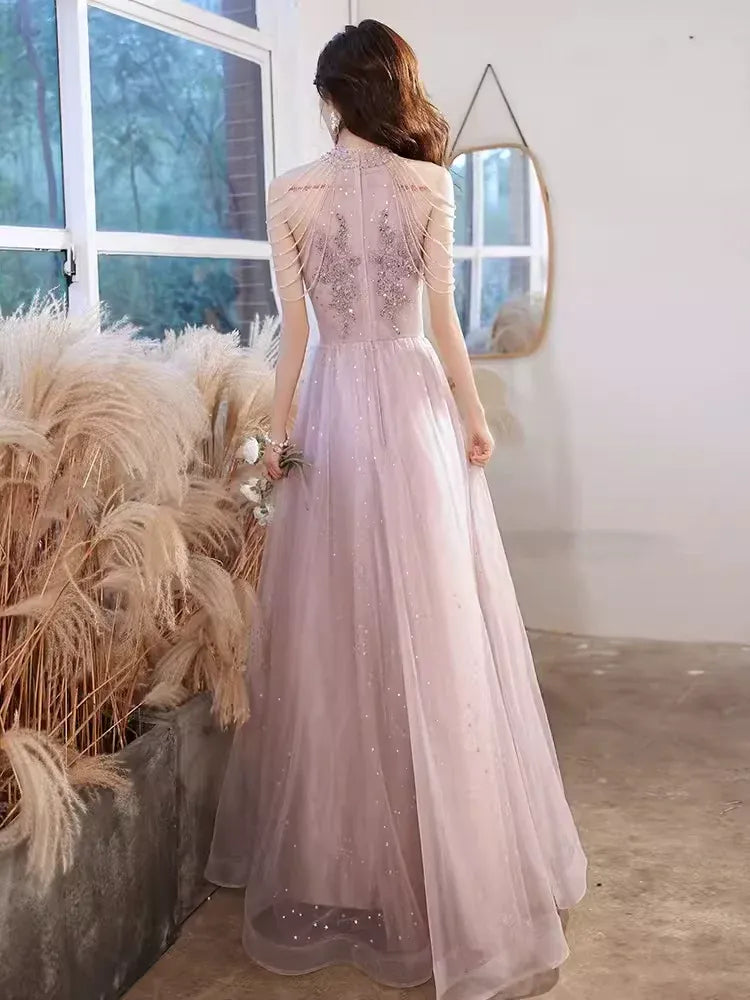 Ethereal A-Line Halter Neck Sleeveless Sequin Dusty Pink Long Prom Dress For Women Ready To Ship