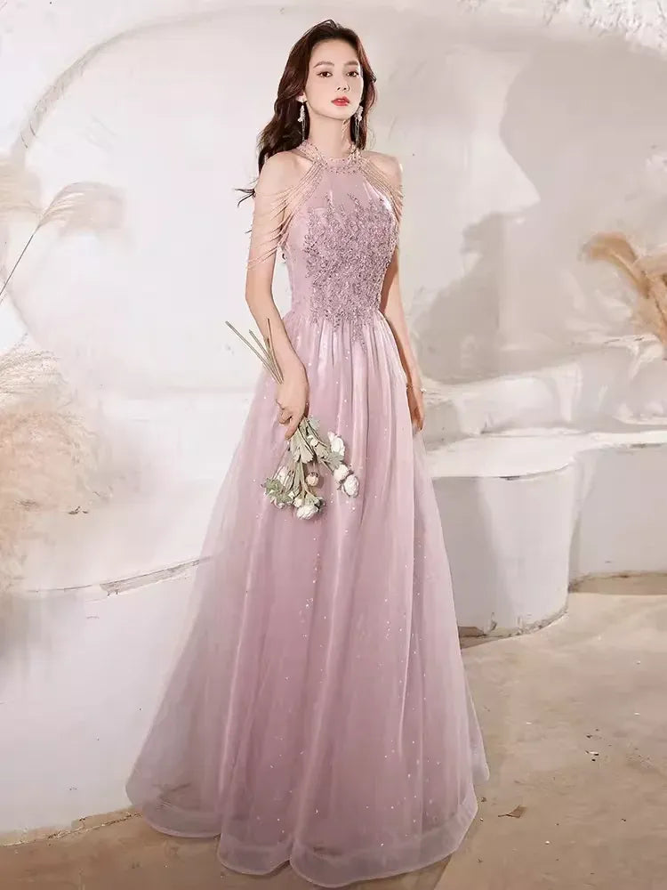 Ethereal A-Line Halter Neck Sleeveless Sequin Dusty Pink Long Prom Dress For Women Ready To Ship