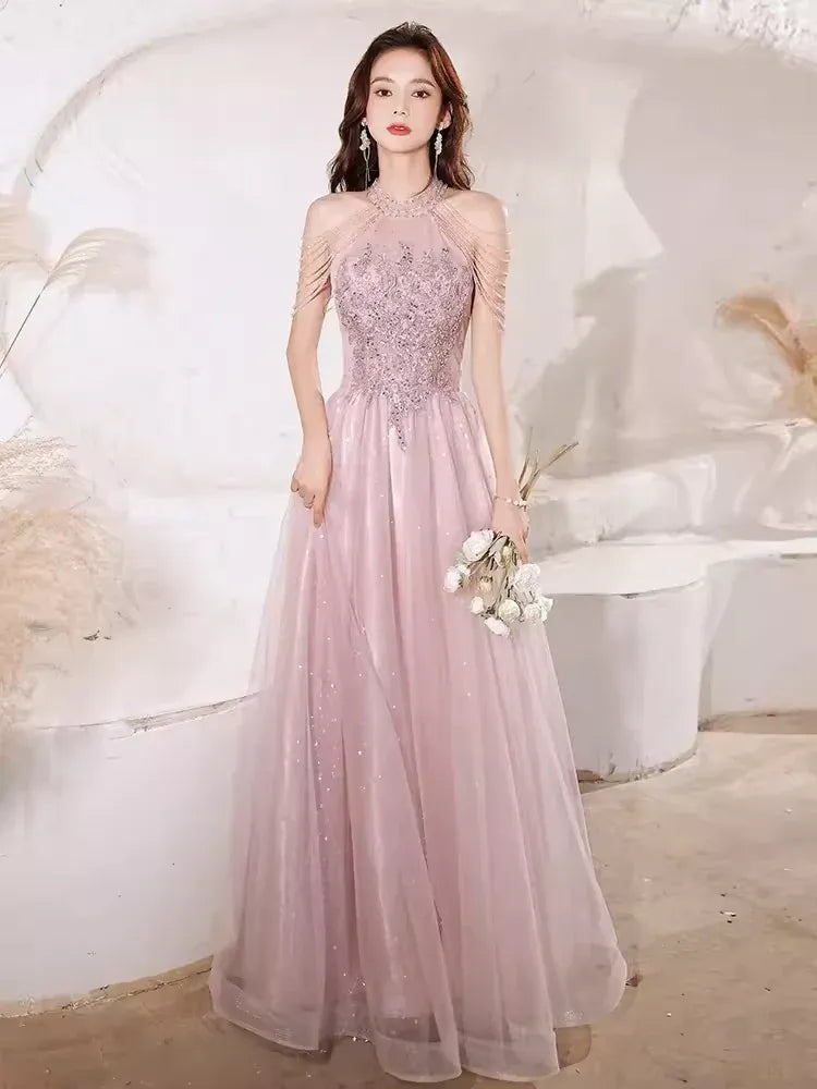 Ethereal A-Line Halter Neck Sleeveless Sequin Dusty Pink Long Prom Dress For Women Ready To Ship