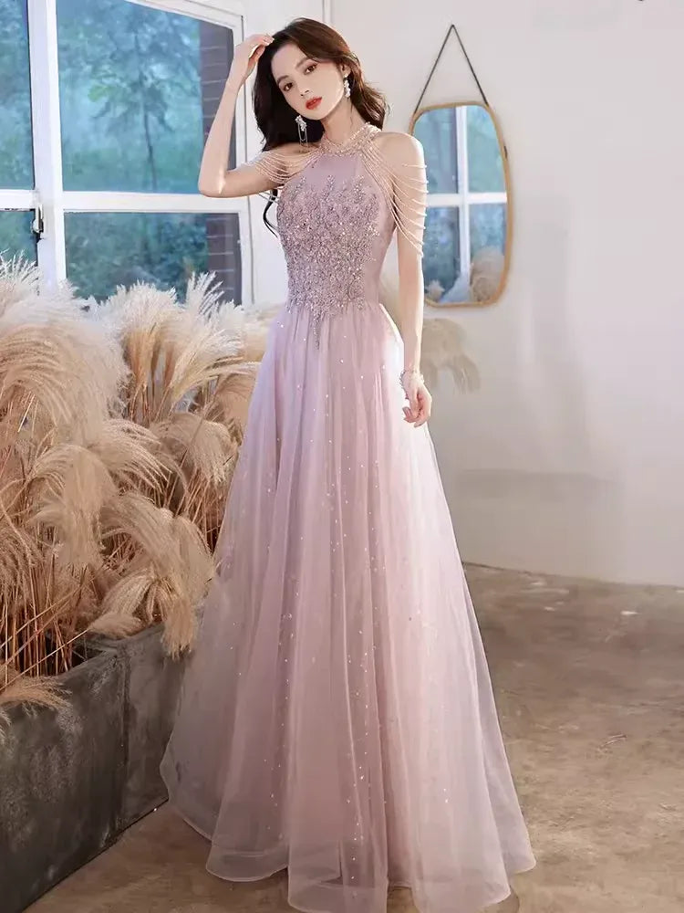 Ethereal A-Line Halter Neck Sleeveless Sequin Dusty Pink Long Prom Dress For Women Ready To Ship
