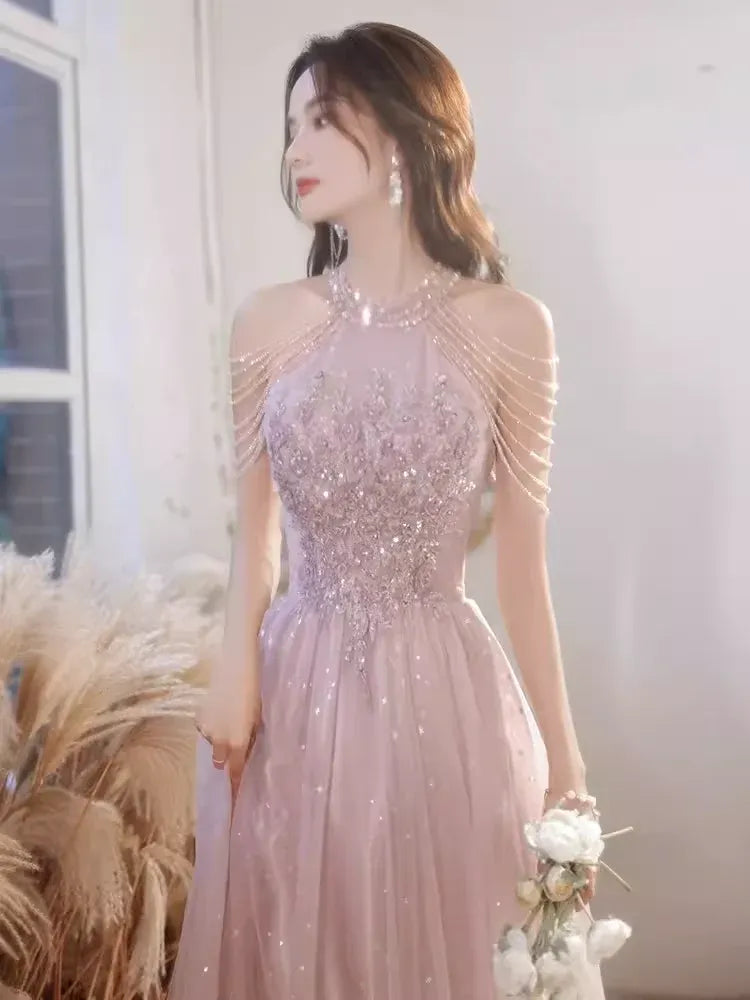 Ethereal A-Line Halter Neck Sleeveless Sequin Dusty Pink Long Prom Dress For Women Ready To Ship
