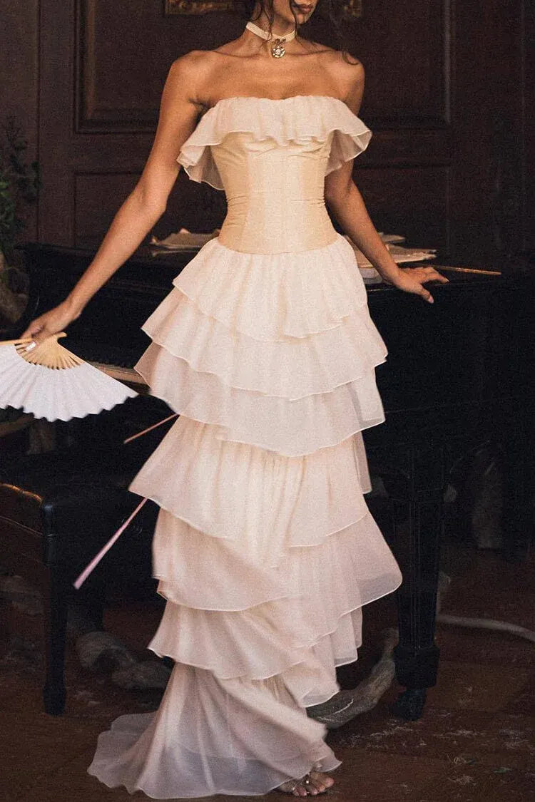 Ethereal A-Line Off-Shoulder Ruffled Chiffon Ivory Floor-Length Evening Dress for Women