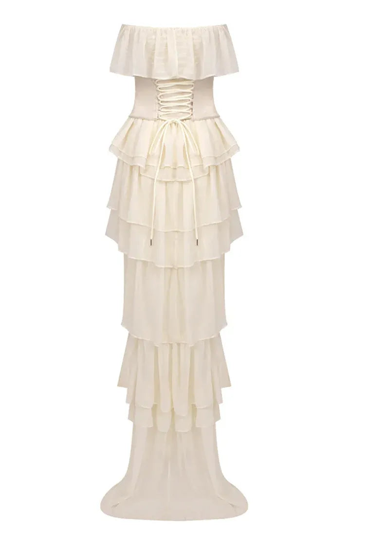 Ethereal A-Line Off-Shoulder Ruffled Chiffon Ivory Floor-Length Evening Dress for Women