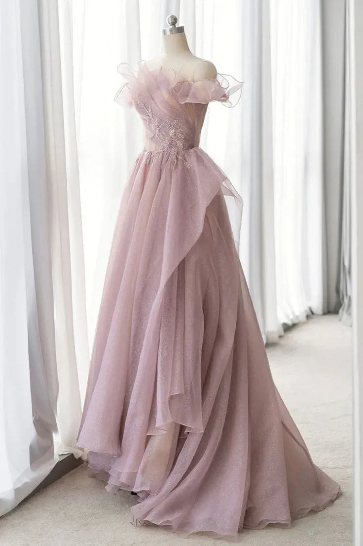 Ethereal A-Line Off-Shoulder Ruffled Dusty Rose Maxi Prom Dress for Women ready to ship