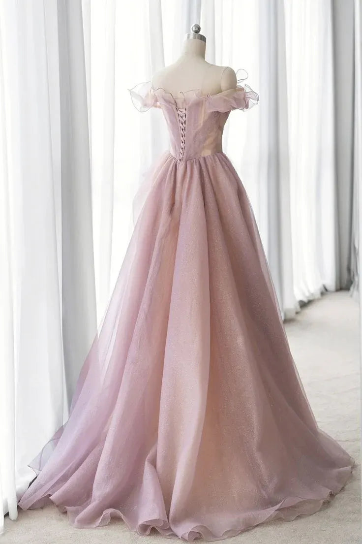 Ethereal A-Line Off-Shoulder Ruffled Dusty Rose Maxi Prom Dress for Women ready to ship