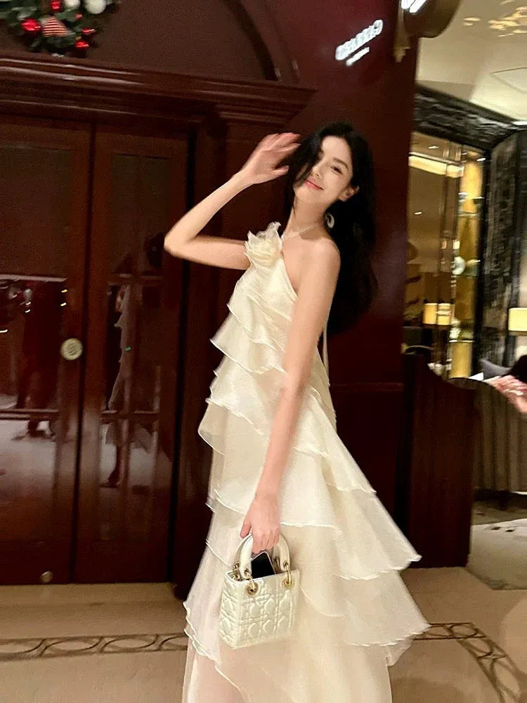 Ethereal A-Line One-Shoulder Ruffled Organza Ivory Midi Evening Dress for Women