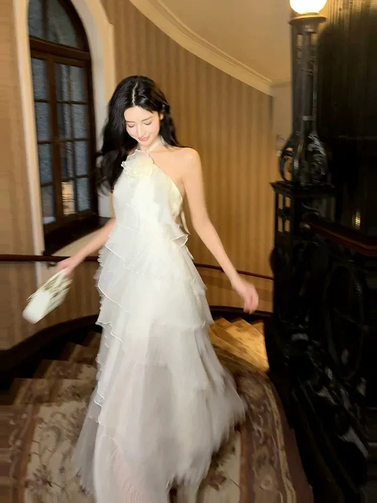 Ethereal A-Line One-Shoulder Ruffled Organza Ivory Midi Evening Dress for Women