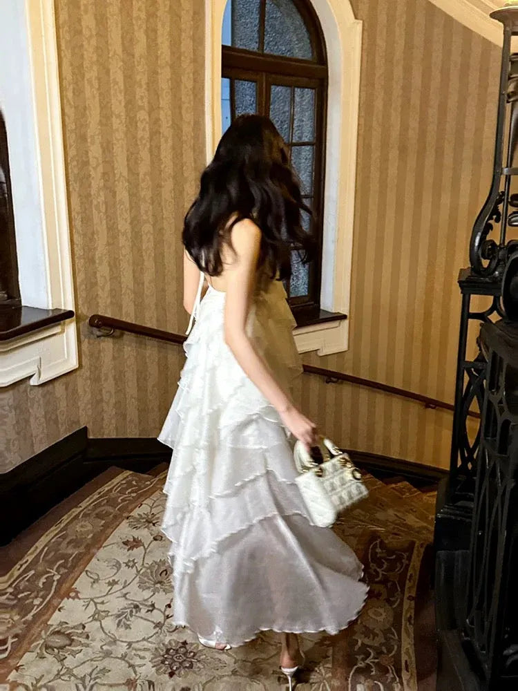 Ethereal A-Line One-Shoulder Ruffled Organza Ivory Midi Evening Dress for Women