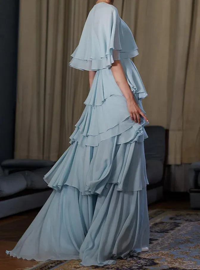 Ethereal A-Line Round Neck Capelet Tiered Chiffon Light Blue Floor-Length Prom Dress