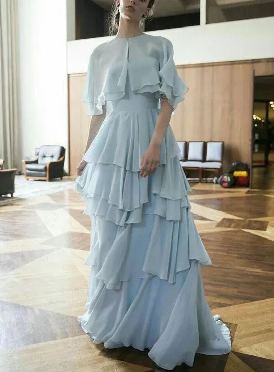 Ethereal A-Line Round Neck Capelet Tiered Chiffon Light Blue Floor-Length Prom Dress