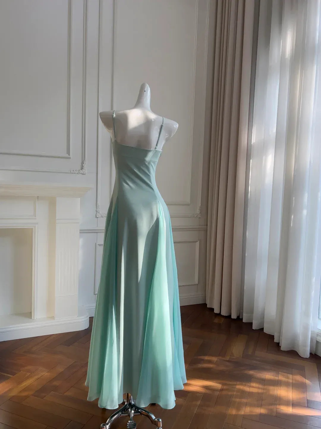 Ethereal A-Line Square Neck Sleeveless Satin Mint Green Long Prom Dress For Women Ready To Ship