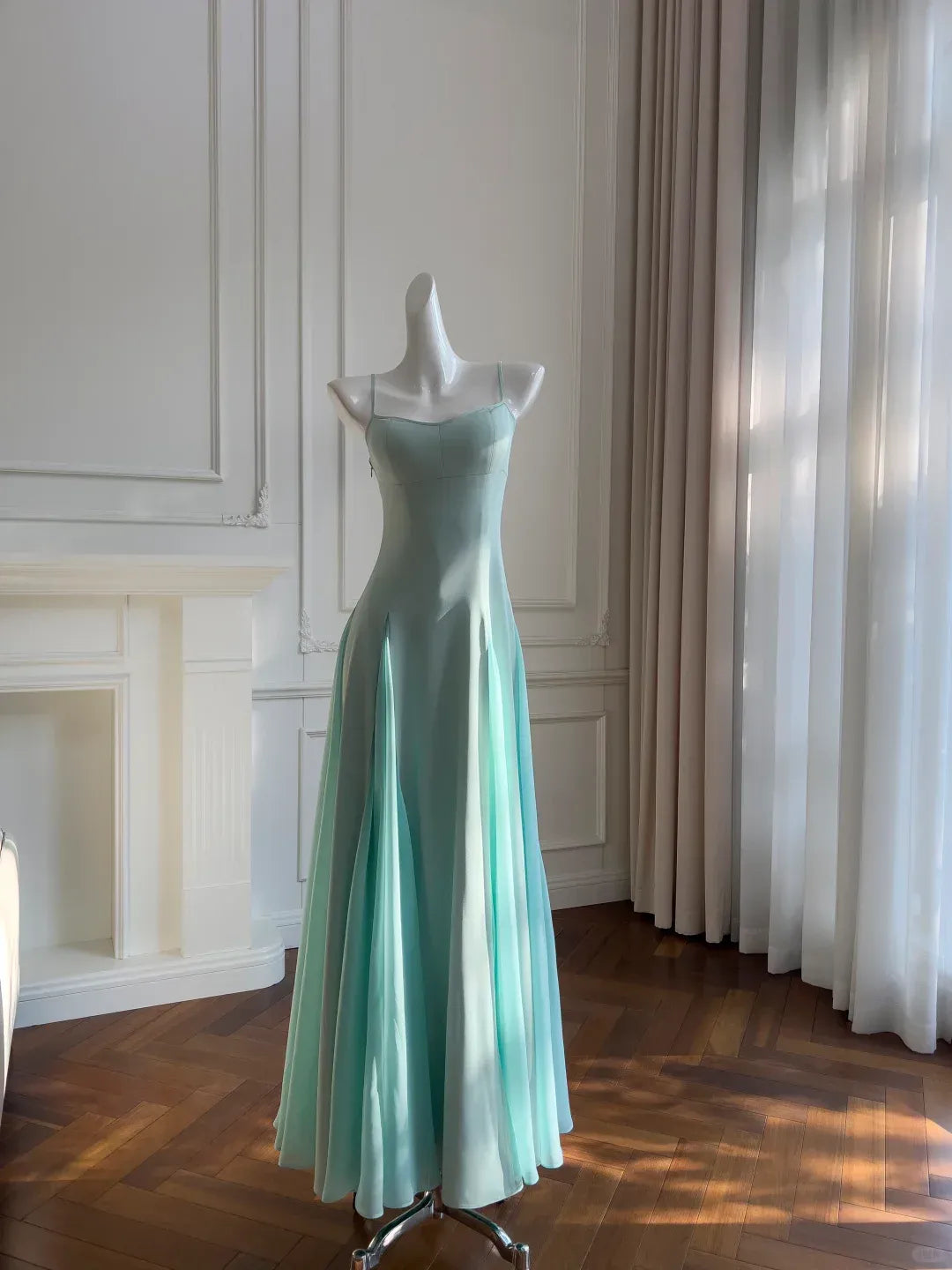 Ethereal A-Line Square Neck Sleeveless Satin Mint Green Long Prom Dress For Women Ready To Ship
