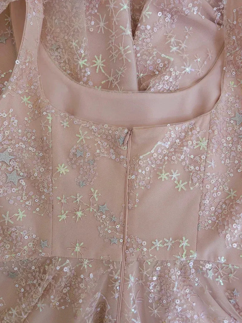 Ethereal A-Line Square Neck Sleeveless Star-Sequin Blush Pink Maxi Prom Dress for Women Custom