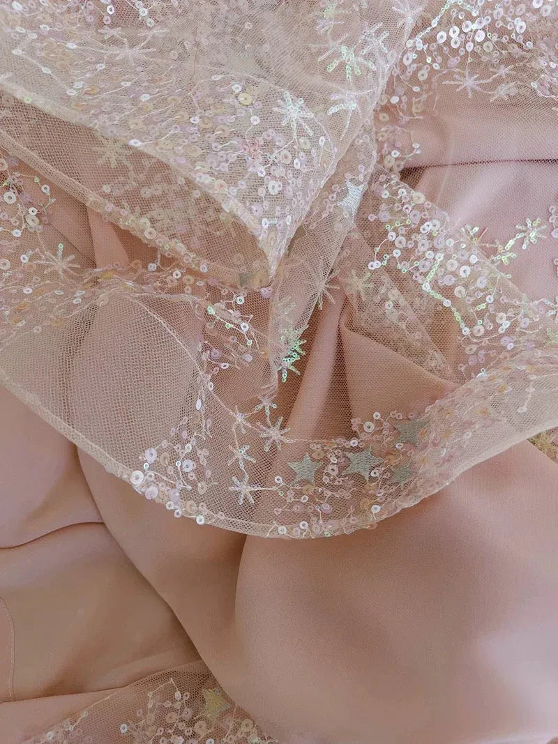 Ethereal A-Line Square Neck Sleeveless Star-Sequin Blush Pink Maxi Prom Dress for Women Custom