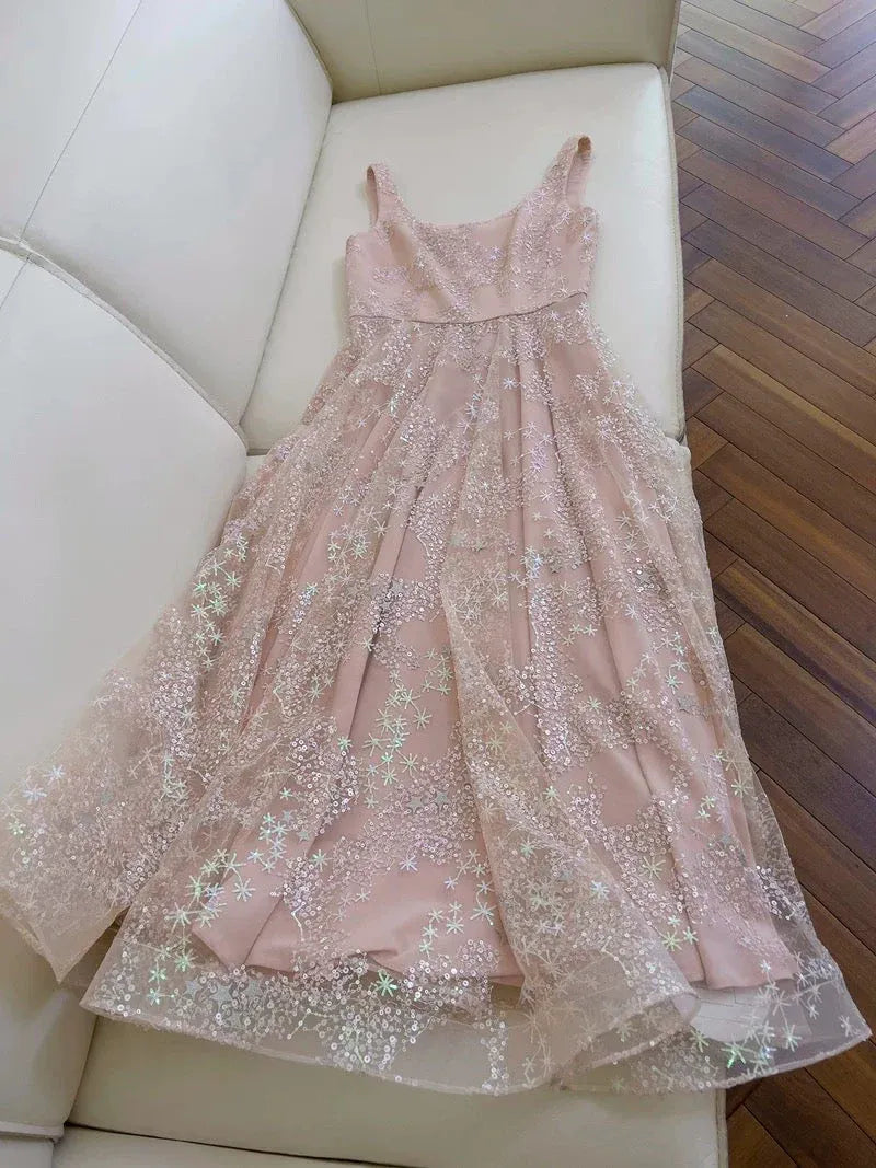 Ethereal A-Line Square Neck Sleeveless Star-Sequin Blush Pink Maxi Prom Dress for Women Custom