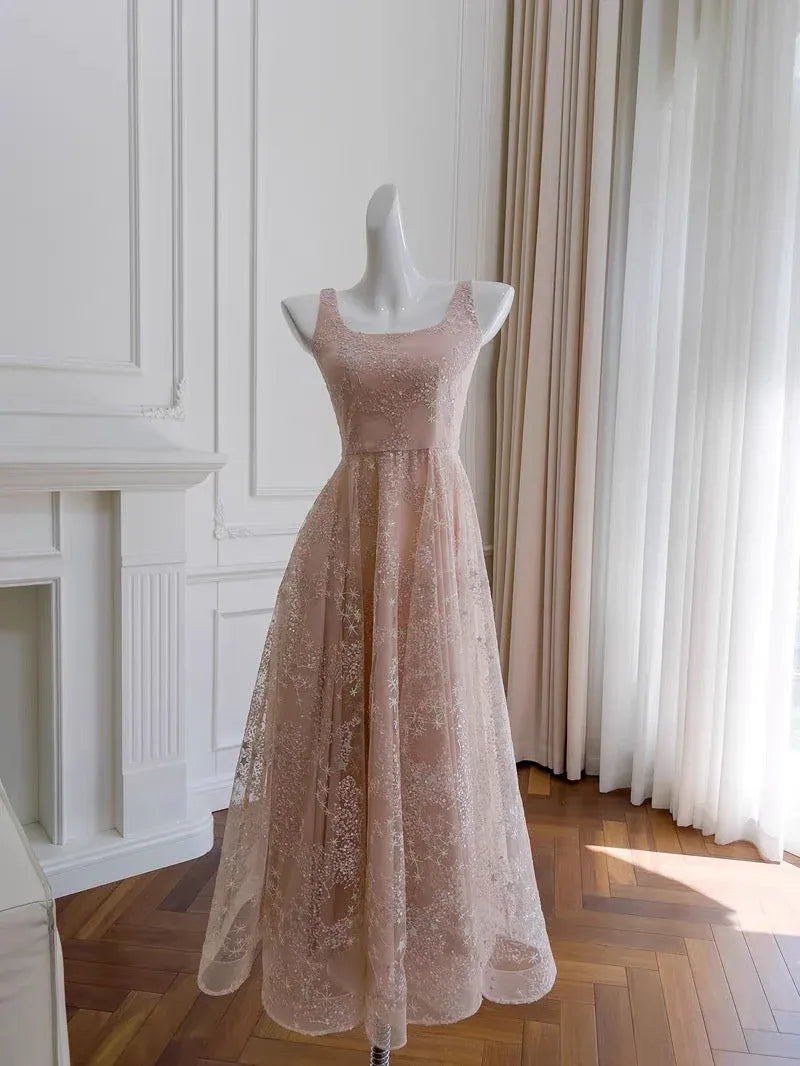 Ethereal A-Line Square Neck Sleeveless Star-Sequin Blush Pink Maxi Prom Dress for Women Custom