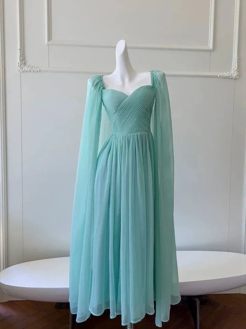 Ethereal A-Line Sweetheart-Neck Cape-Sleeved Mint Green Maxi Prom Dress for Women