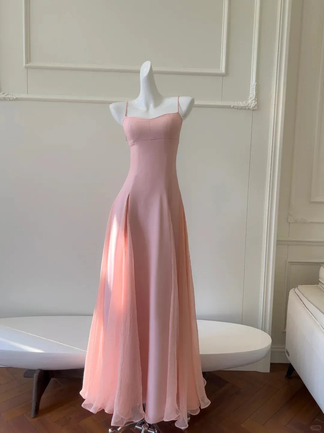 Ethereal A-Line Sweetheart Spaghetti-Strap Chiffon Blush Floor-Length Evening Dress for Women