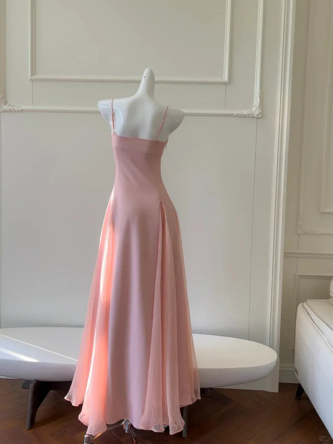 Ethereal A-Line Sweetheart Spaghetti-Strap Chiffon Blush Floor-Length Evening Dress for Women