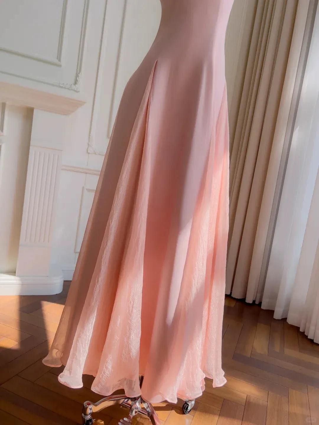 Ethereal A-Line Sweetheart Spaghetti-Strap Chiffon Blush Floor-Length Evening Dress for Women