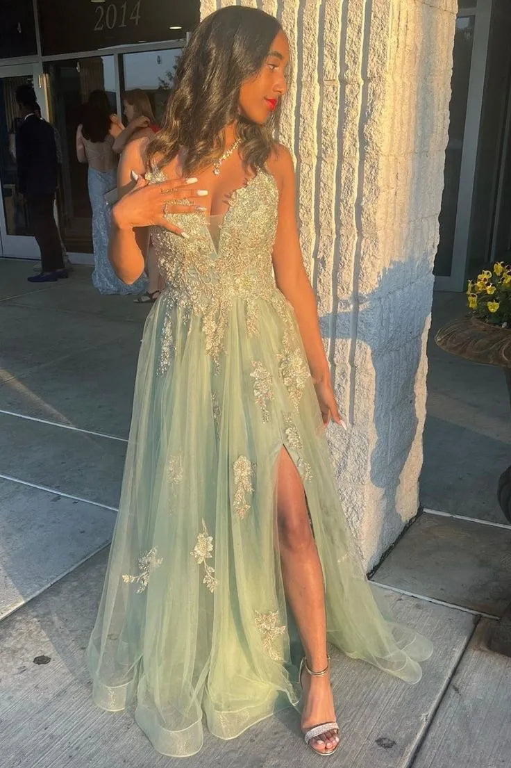 Ethereal A-Line V-Neck Lace-Embellished Sage Green Maxi Prom Dress for Women ready to ship