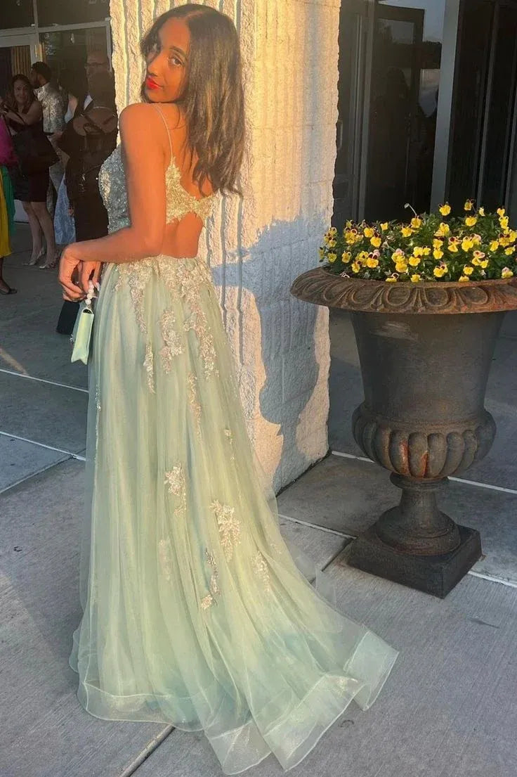 Ethereal A-Line V-Neck Lace-Embellished Sage Green Maxi Prom Dress for Women ready to ship