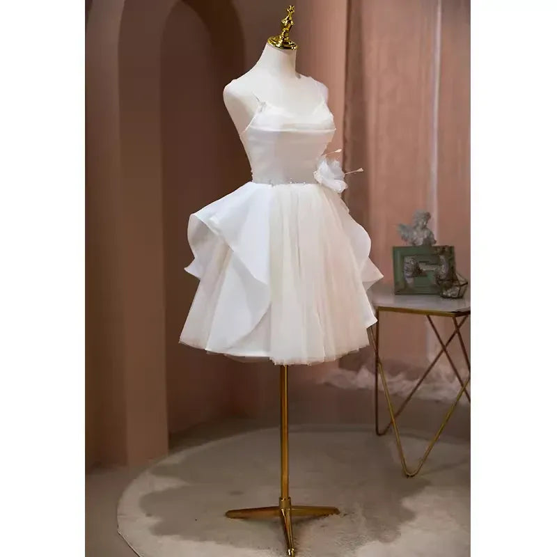 Ethereal A-line Cowl Neck Sleeveless Bow White Mini Homecoming Dress For Women Ready To Ship