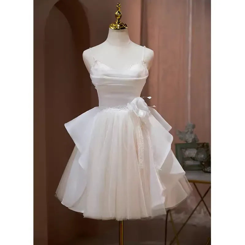 Ethereal A-line Cowl Neck Sleeveless Bow White Mini Homecoming Dress For Women Ready To Ship