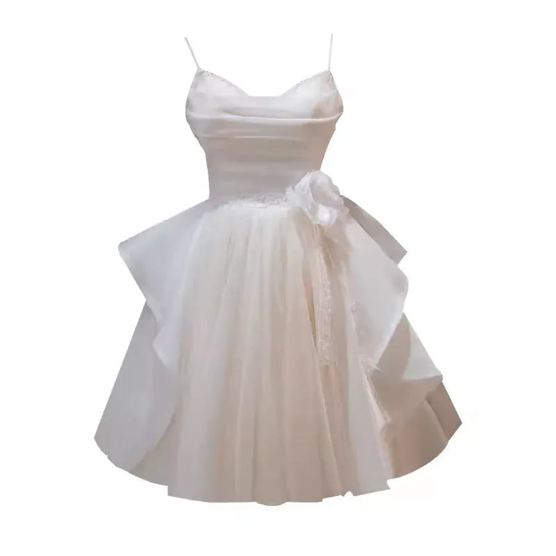 Ethereal A-line Cowl Neck Sleeveless Bow White Mini Homecoming Dress For Women Ready To Ship