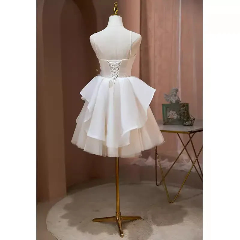 Ethereal A-line Cowl Neck Sleeveless Bow White Mini Homecoming Dress For Women Ready To Ship