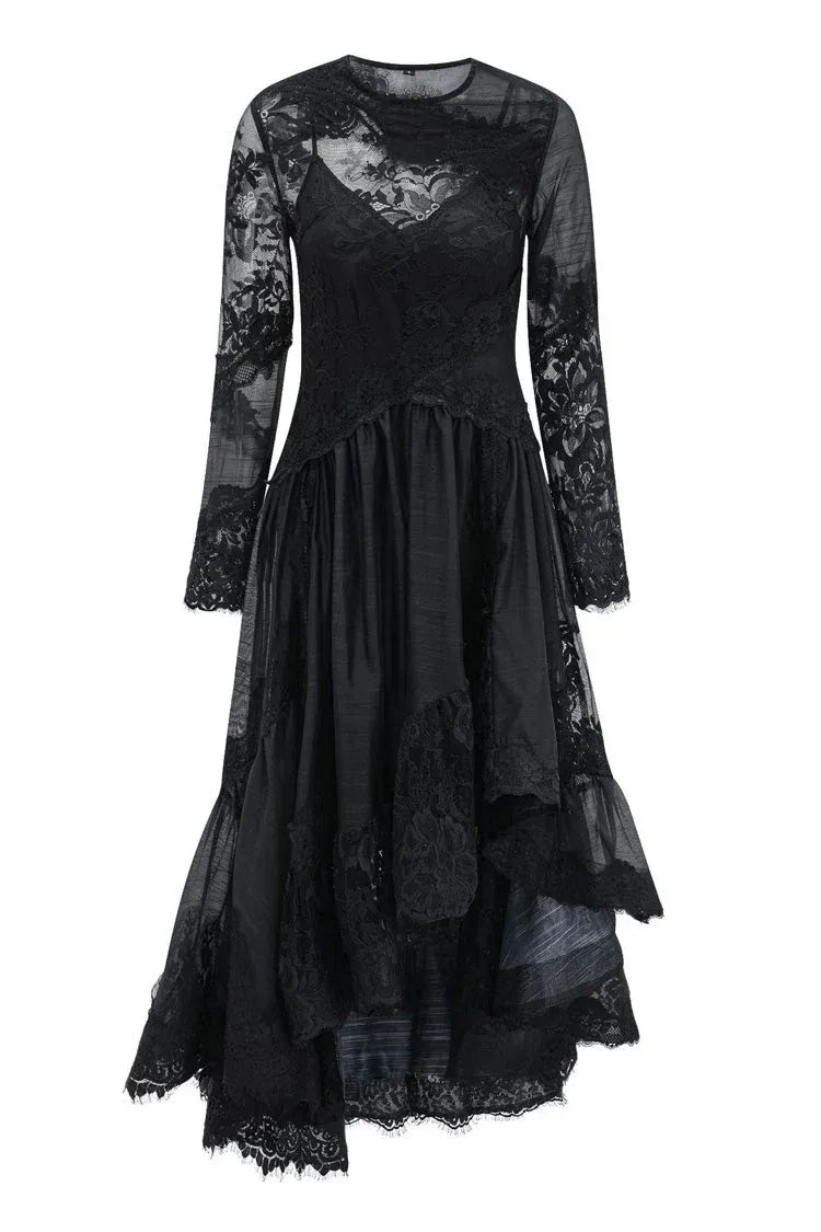 Ethereal A-line Crew Neck Long-Sleeve Lace-Overlay Black Midi Evening Dress