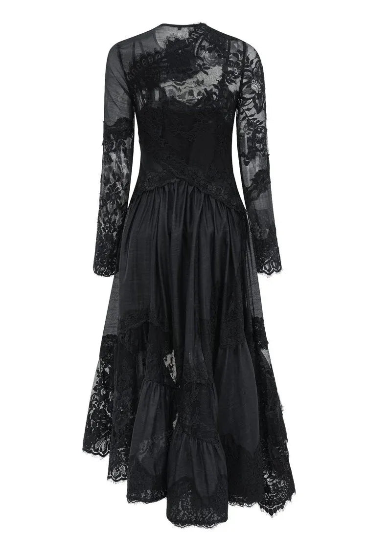 Ethereal A-line Crew Neck Long-Sleeve Lace-Overlay Black Midi Evening Dress