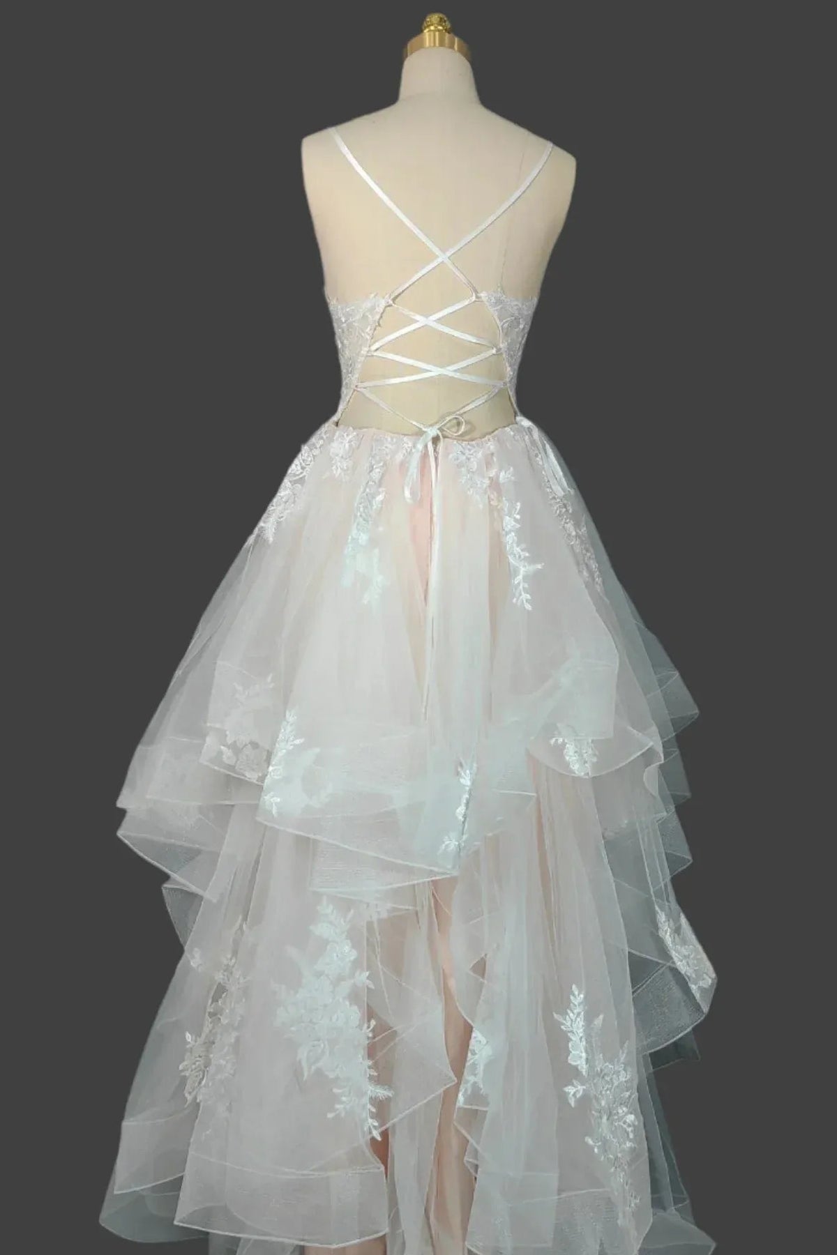 Ethereal A-line Deep V Sleeveless Lace Tulle Blush High-Low Evening Dress