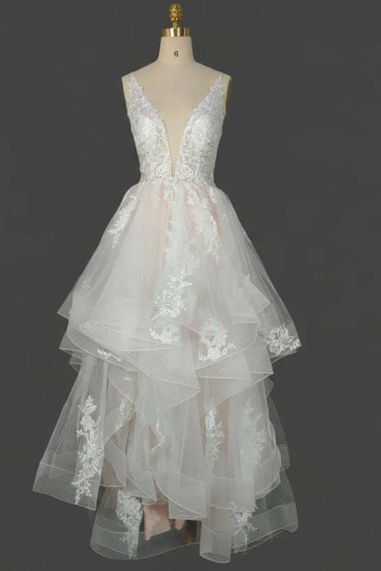 Ethereal A-line Deep V Sleeveless Lace Tulle Blush High-Low Evening Dress