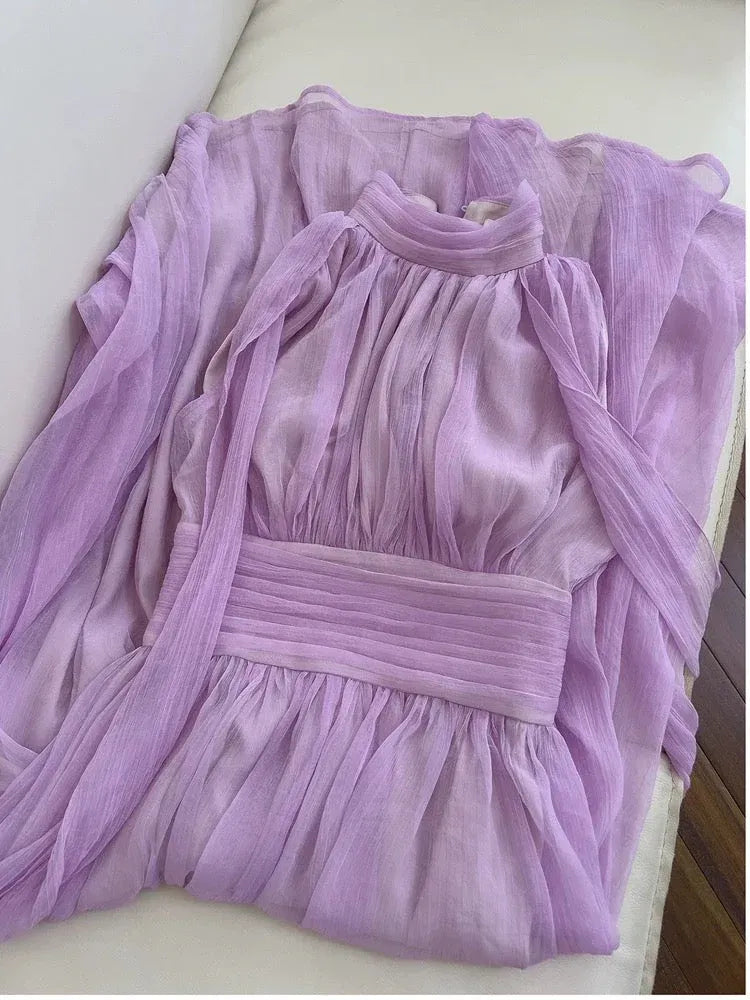Ethereal A-line Halter-Neck Sleeveless Pearl-Accented Lavender Maxi Prom Dress for Women Custom